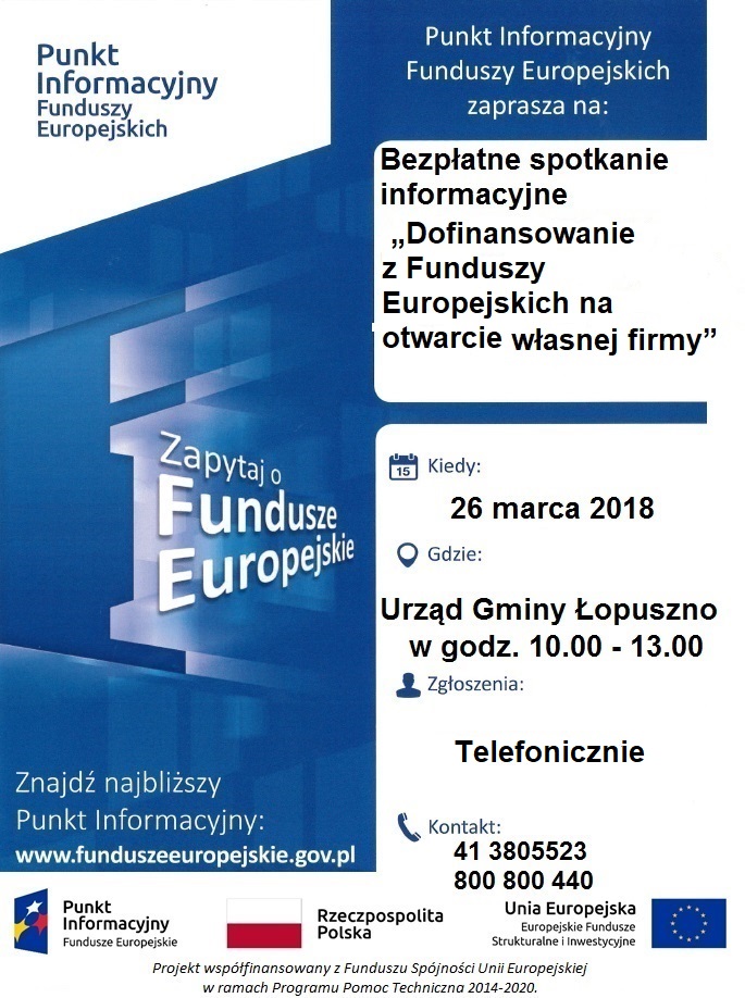 Bezpłatne spotkanie informacyjne: &#8222;Dofinansowanie z Funduszy Europejskich na otwarcie własnej firmy&#8221;, Gminny Ośrodek Pomocy Społecznej w Łopusznie