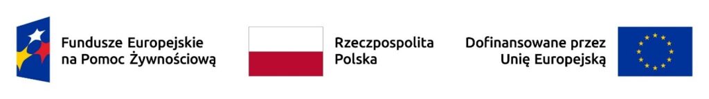 Na obrazie widać loga związane z Funduszami Europejskim na pomoc żywnościową. Znajdują się tu: Logo Funduszu Europejskiego na Pomoc Żywnościową, w środku flaga Polski. Z prawej strony znajduje się napis "Dofinansowanie przez Unie Europejską" oraz logo Unii Europejskiej niebieski prostokąt i żółte gwiazdki ułożone w koło.