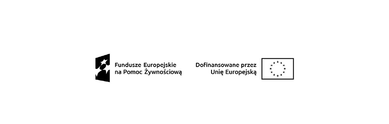 na obrazku widać z lewej strony logo Funduszy Europejskich i logo Unii europejskiej oraz napisy Fundusze Europejskie na Pomoc Żywnościową iraz napis Dofinansowane przez Unię Europejską 