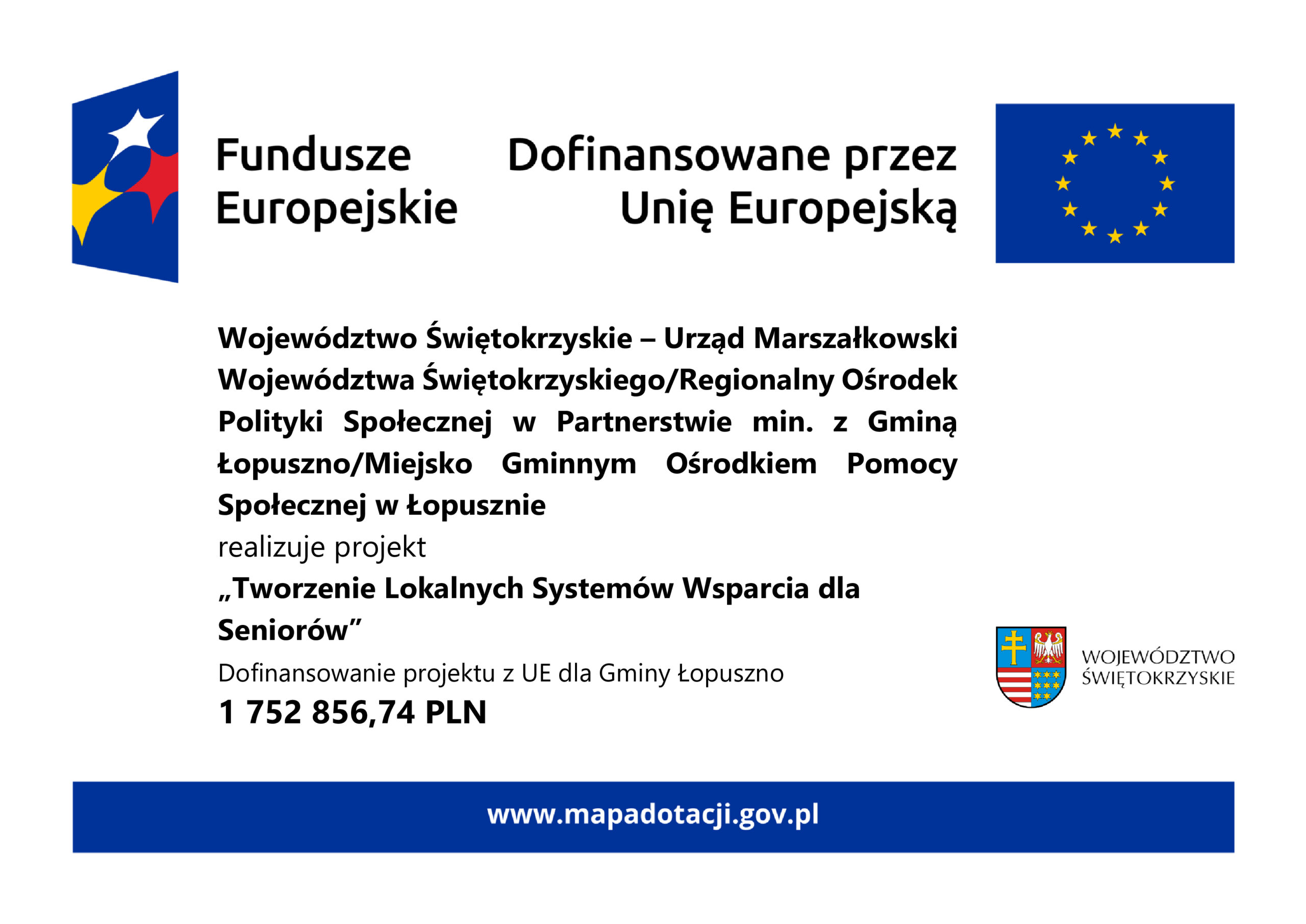 „TWORZENIE LOKALNYCH SYSTEM&Oacute;W WSPARCIA DLA SENIOR&Oacute;W” projekt wsp&oacute;łfinansowany ze środk&oacute;w Europejskiego Funduszu Społecznego PLUS (EFS+), Miejsko-Gminny Ośrodek Pomocy Społecznej w Łopusznie
