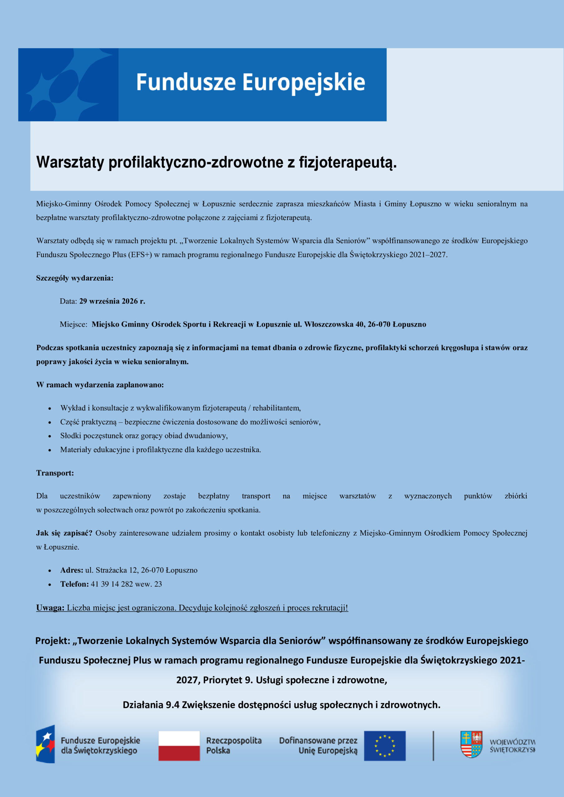 Warsztaty profilaktyczno-zdrowotne z fizjoterapeutą., Miejsko-Gminny Ośrodek Pomocy Społecznej w Łopusznie
